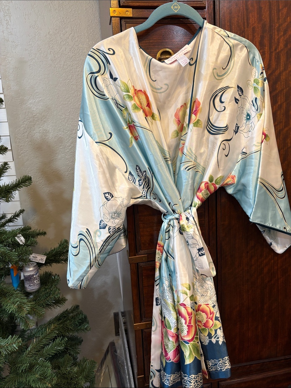 Oscar de la Renta Floral Satin Robe in Light Blue, Cream, Pink and Green